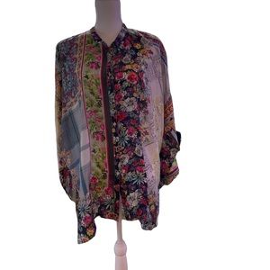 Johnny Was Silk top M runs L long sleeves that can roll up w/tab and button